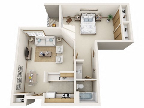 Floor plan for 1 bed, 1 bath, 727 sqft